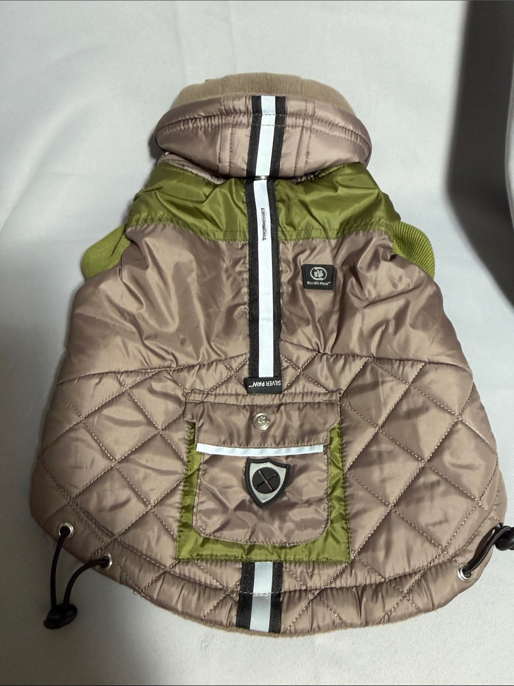 Silver Paw Puffer Dog Coat with Hood in Taupe and Olive